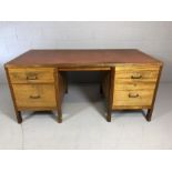 Large 1950s desk with red desk top inlay and four drawers, approx 84cm x 169cm x 77cm tall