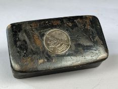 WWI german trench art wooden snuff box set with a german coin approx 9cm wide