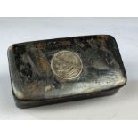 WWI german trench art wooden snuff box set with a german coin approx 9cm wide