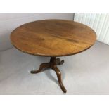 Circular tilt top table on tripod feet (A/F), diameter approx 92cm