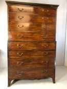 Victorian chest on chest with brass handles and eight drawers, approx 108cm x 56cm x 182cm tall