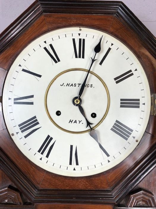 8 day spring-driven American wall clock by Waterbury Clock Co, English walnut case with floral inlay - Image 6 of 7