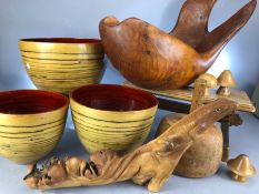 Collection of wooden / vintage items to include decorative carvings, graduating bowls, small stool