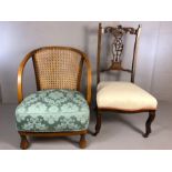 Upholstered Victorian child's chair with wicker work back on turned front feet and a carved oak