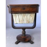 Victorian mahogany sewing table / work box with contents, on turned pedestal with circular base