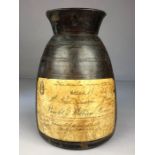 Wooden Barrell or Casket with original label for BELFAST WILLIAM COWAN possibly a shipping caskett