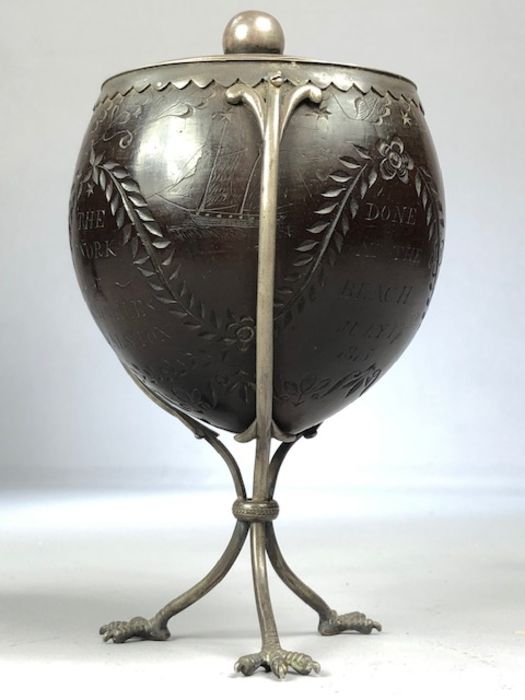 Scrimshaw Silver mounted coconut with silver Lining and lid on tripod Ostrich feet and dated 1815 - Image 13 of 13