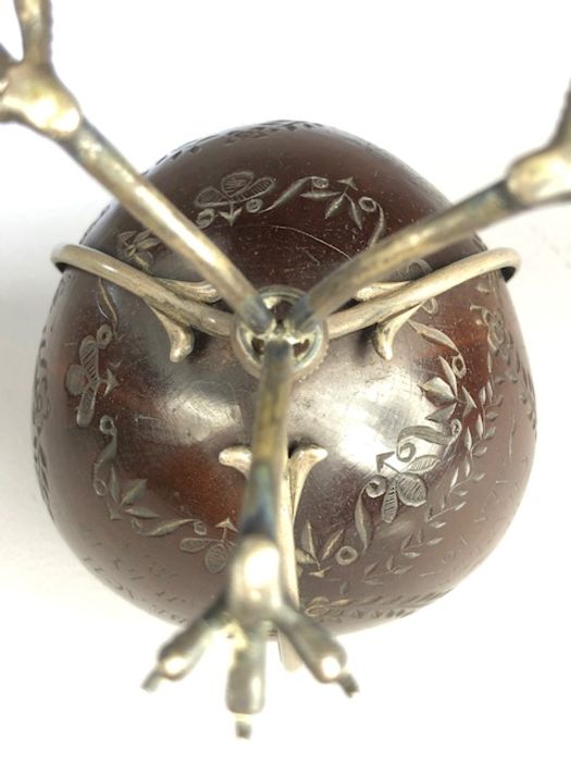 Scrimshaw Silver mounted coconut with silver Lining and lid on tripod Ostrich feet and dated 1815 - Image 9 of 13