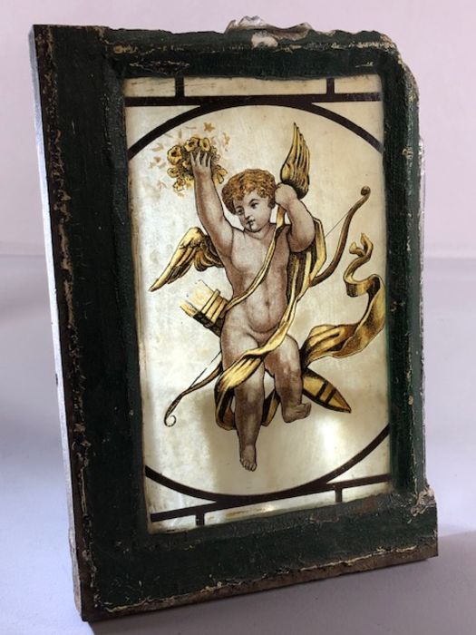 Section of a metal window containing a stained glass panel depicting a winged Cherub, approx 26cm - Image 10 of 11