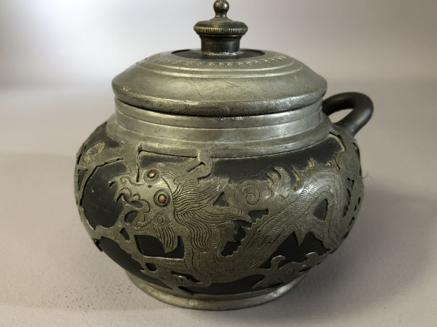 Chinese pewter and pottery part tea set by Hsin Ho Cheng, tallest approx 10.5cm (one teapot handle - Image 7 of 8