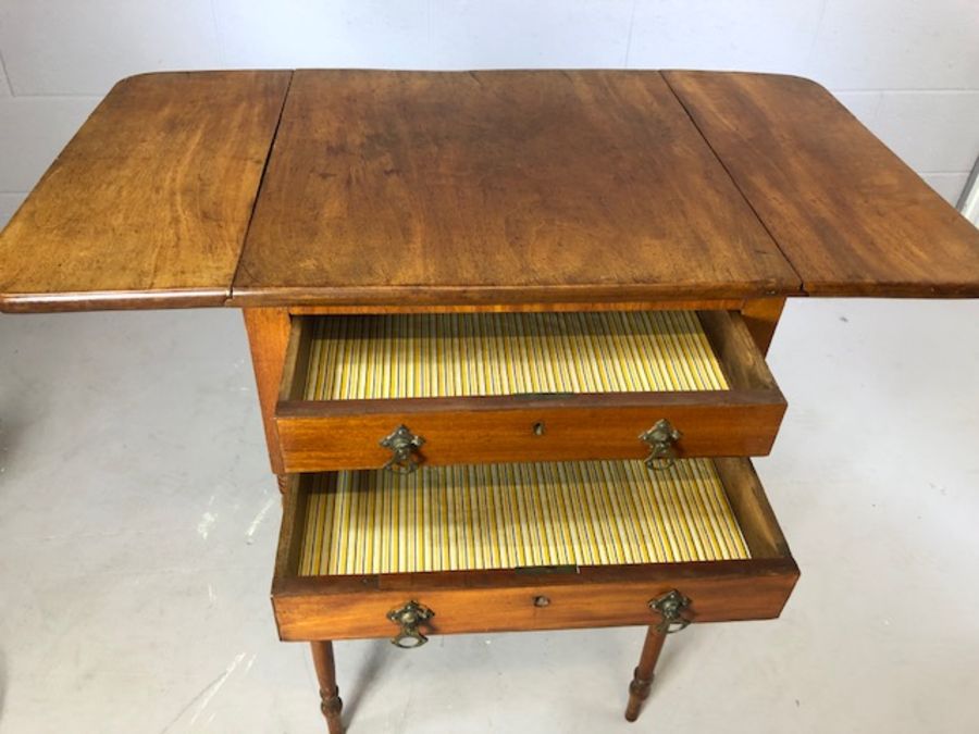 Victorian drop leaf side table on tapering turned legs, two drawers and two faux drawers, approx - Image 3 of 5