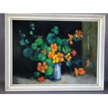Oil on canvas still life of nasturtiums flowers signed lower right Kay James approx 60 x 45cm