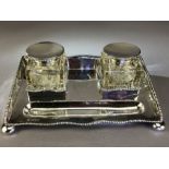 Hallmarked Silver writing tray and square glass and silver inkwells with circular hinged lids