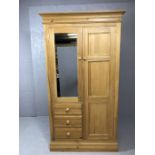 Small two door pine wardrobe with three drawers and hanging rail, approx 100cm x 55cm x 197cm tall