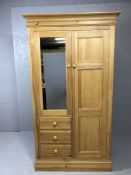 Small two door pine wardrobe with three drawers and hanging rail, approx 100cm x 55cm x 197cm tall
