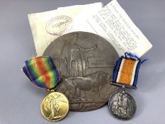 First World War WWI bronze death plaque for HAROLD WILLIAM CHILD accompanied by his War Medal &