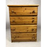 Pine chest of four drawers, approx 74cms x 45cms x 98cms tall