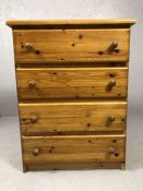 Pine chest of four drawers, approx 74cms x 45cms x 98cms tall