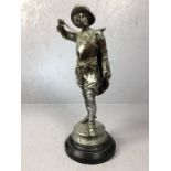Copper and silvered figure of a musketeer on stepped wooden plinth, approx 53cm tall