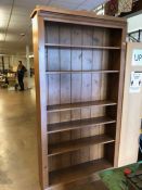 Large pine bookcase with five shelves, approx 28cm x 105cm x 216cm tall (A/F)