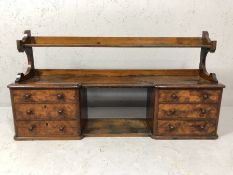 Antique walnut desk top with six drawers, turned handles and shelf over, approx 95cm x 22cm x 49cm