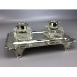 Silver London Victorian hallmarked Ink well set with square Glass inkwells with hallmarked silver