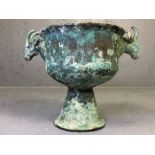 Ancient Luristan / Middle Eastern bronze vessel on pedestal base with rams heads, approx 16cm tall
