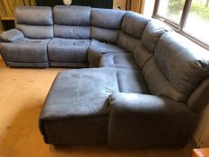 Large blue suede electric modular five seater corner sofa suite with chaise style end