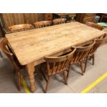 Pine farmhouse style dining table with drawer to one end and turned legs, approx 183cm x 90cm x 77cm