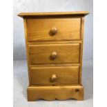 Small pine chest of three drawers, approx 46cm x 34cm x 66cm tall