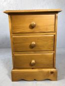 Small pine chest of three drawers, approx 46cm x 34cm x 66cm tall