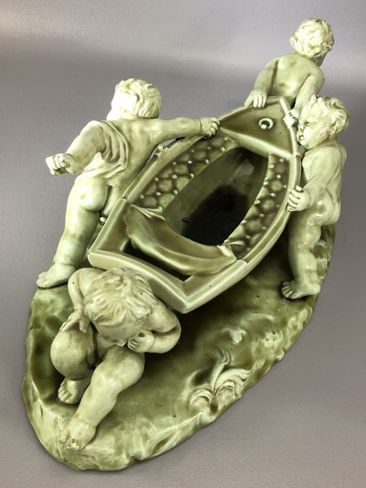 Large Clement Massier glazed pottery sculpture depicting four cherubs and a boat impressed marks - Image 6 of 7