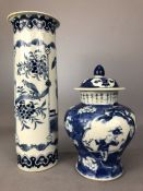 Chinese Blue and White vase with Lid and a Chinese tall Blue & White Case both with Kangxi Nian