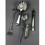 Hallmarked silver items to include caddy spoon, thistle pickle fork etc