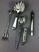 Hallmarked silver items to include caddy spoon, thistle pickle fork etc