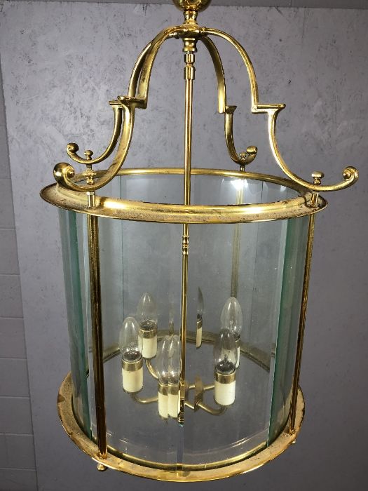 Two brass pendant lights with round glass shades, the larger approx 65cm in drop - Image 5 of 5