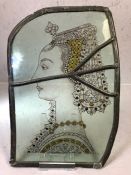 Antique section of a leaded stained glass window depicting the profile of a lady, approx 34cm x