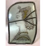 Antique section of a leaded stained glass window depicting the profile of a lady, approx 34cm x