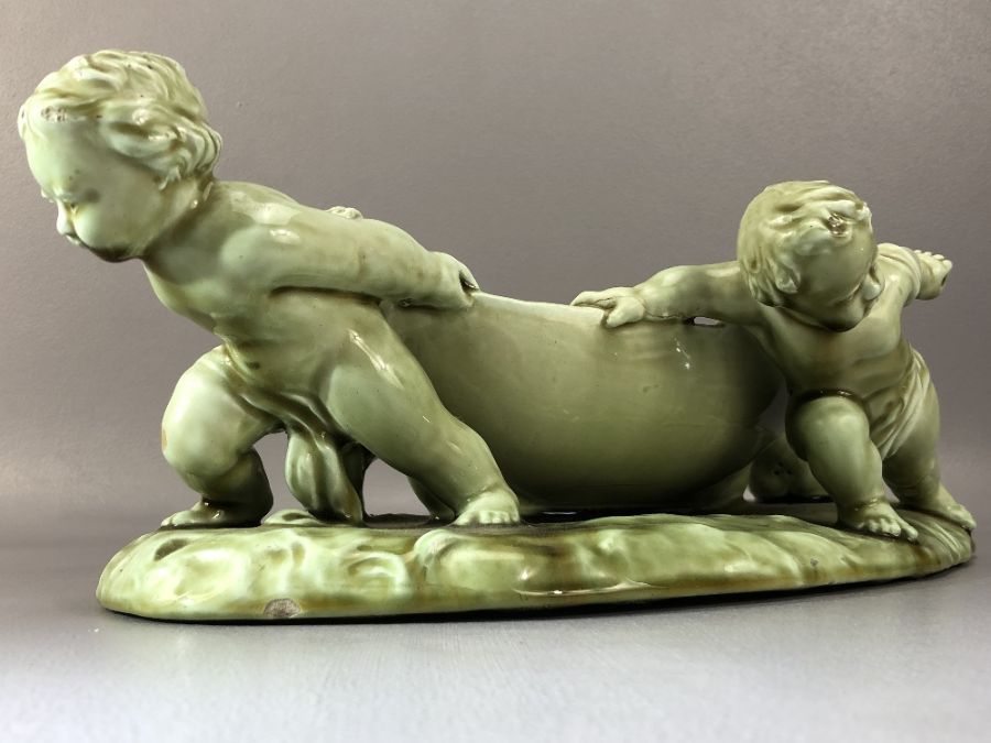 Large Clement Massier glazed pottery sculpture depicting four cherubs and a boat impressed marks - Image 2 of 7