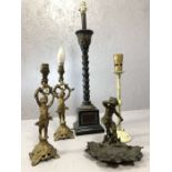 Collection of lamps and a cherub soap dish, the tallest lamp approx 62cm tall