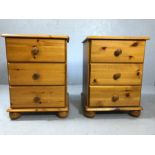 Pair of pine bedside cabinets with three drawers on bun feet, approx 43cm x 39cm x 59cm tall