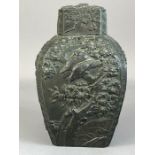 Chinese bronze tea caddy with bird decoration, internal lid with flower-form handle, approx 14cm