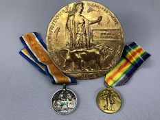 First World War WWI bronze death plaque for EDWARD HAWKER plus pair of medals, War medal and Victory