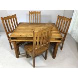 Mexican pine dining room table and four chairs with metal detailing, table approx. 120cm x 90cm