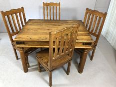 Mexican pine dining room table and four chairs with metal detailing, table approx. 120cm x 90cm