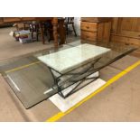 Modern glass-topped coffee table with marble and metalwork effect base, approx 120cm x 70cm x 43cm