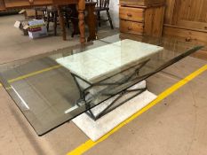 Modern glass-topped coffee table with marble and metalwork effect base, approx 120cm x 70cm x 43cm
