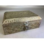 Indian Silver trinket box with all over foliate design handle and lock approx 18 x 12.5 x 7cm &
