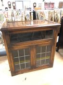 Oak glazed and mirrored drinks / cocktail cabinet with leaded glass doors below, drop front and