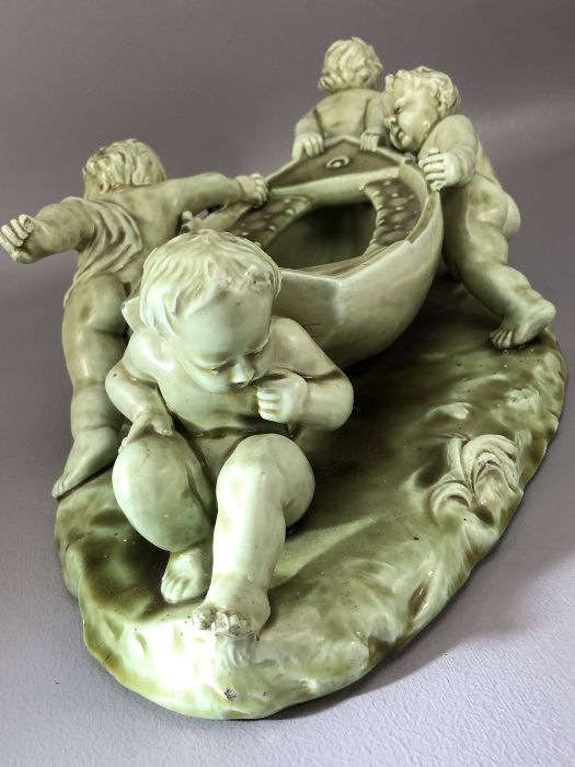 Large Clement Massier glazed pottery sculpture depicting four cherubs and a boat impressed marks - Image 5 of 7